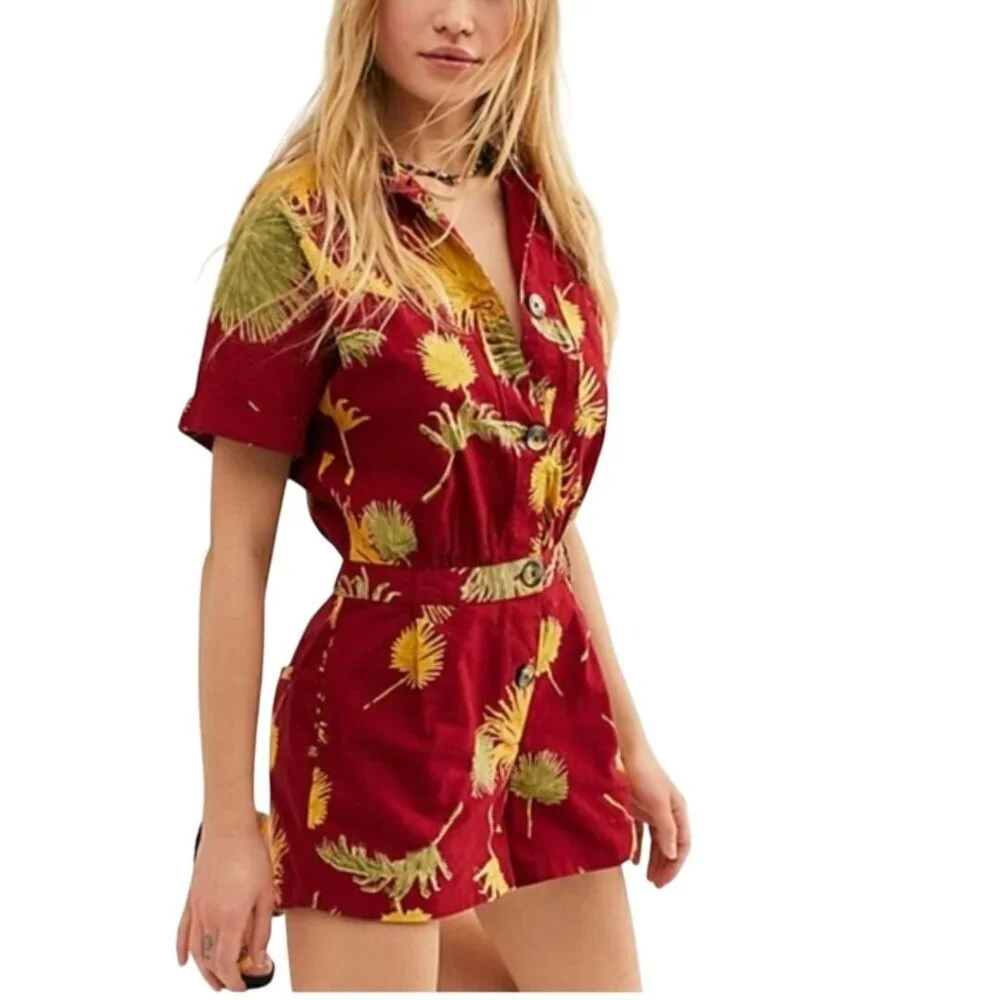 Free People Malibu Romper Button Front Pockets Sustainable Cotton Size M